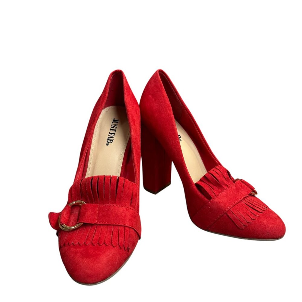 JustFab Womens Red Suede Party Wedding Chunky Block  Tovah Heels Size 7